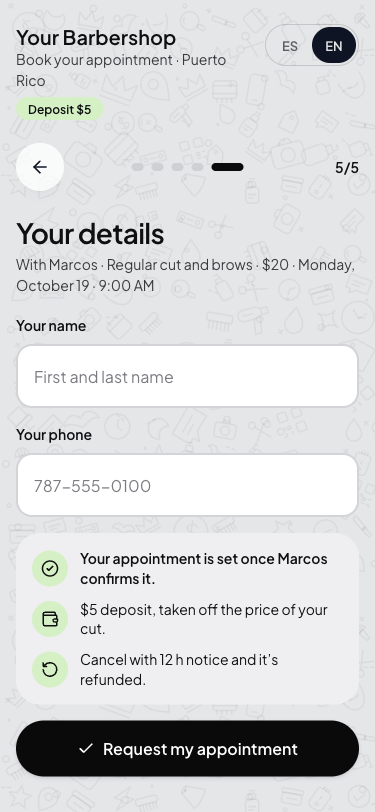 Client booking screen with barber, service and times