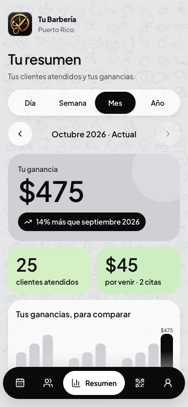 Resumen de ganancias y clientes atendidos por día, semana, mes y año